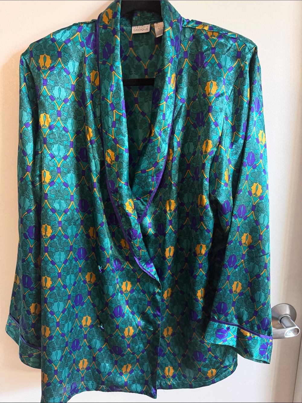 Vintage Cacique Lingerie Satin Blend Teal Printed Draped Blouse Y2K